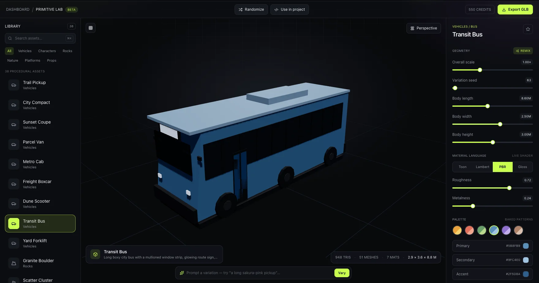 A generated low-poly transit bus 3D asset in bunpav's studio, shown with material and color palette controls for a driving-game-ready vehicle