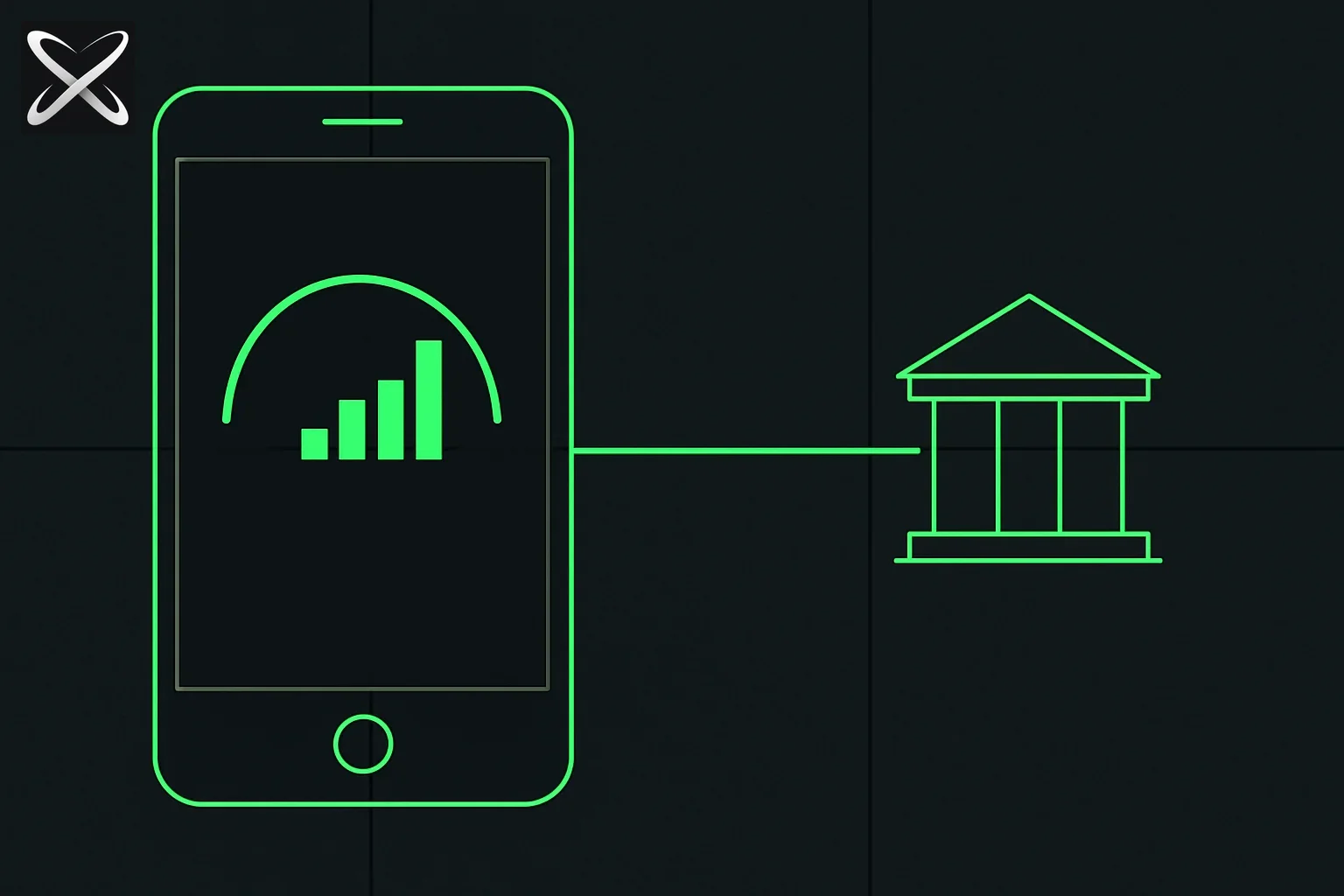 Can AI end poverty — a mobile phone showing a rising algorithmic credit-score gauge connected to a bank icon