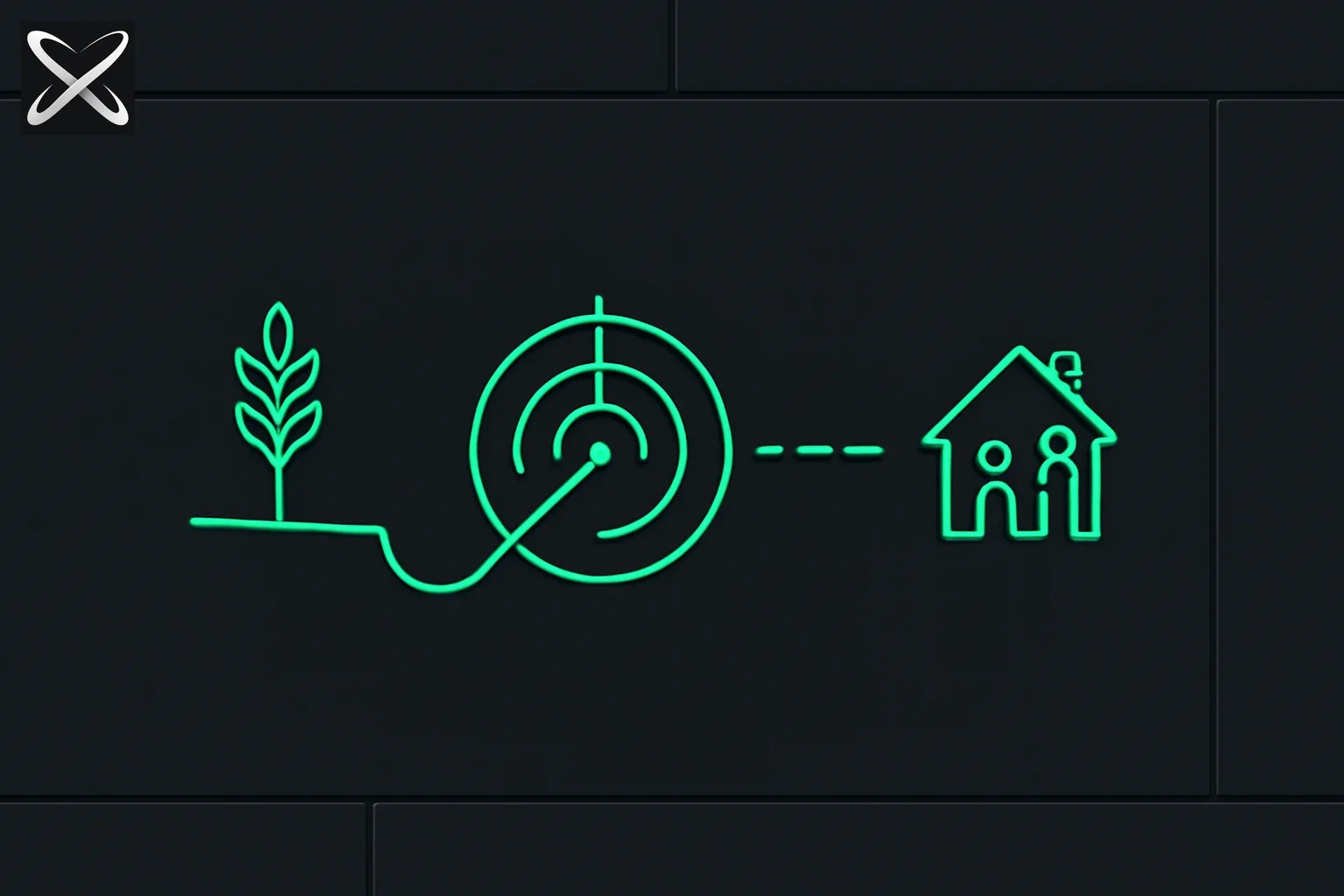 Can AI end world hunger — a wheat stalk connected through a prediction radar toward a distant home via a broken dashed line