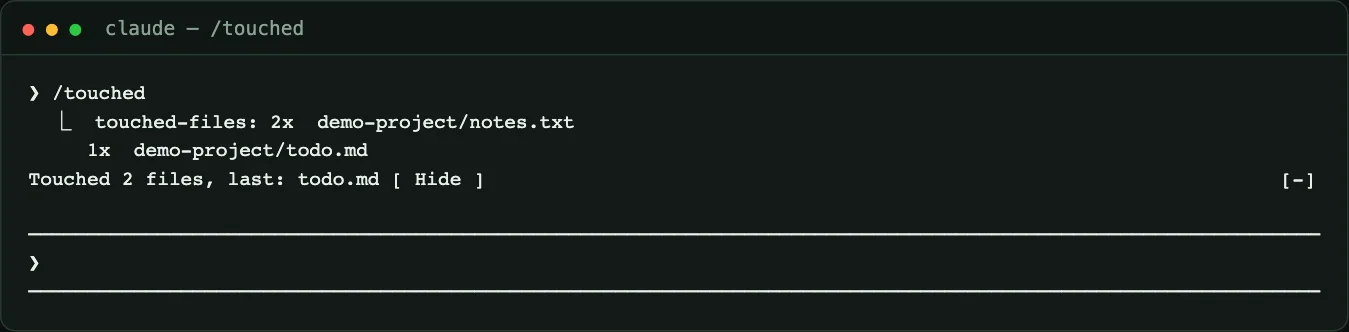 Claude Code transcript showing /touched output: 2x demo-project/notes.txt and 1x demo-project/todo.md, labeled with the plugin name