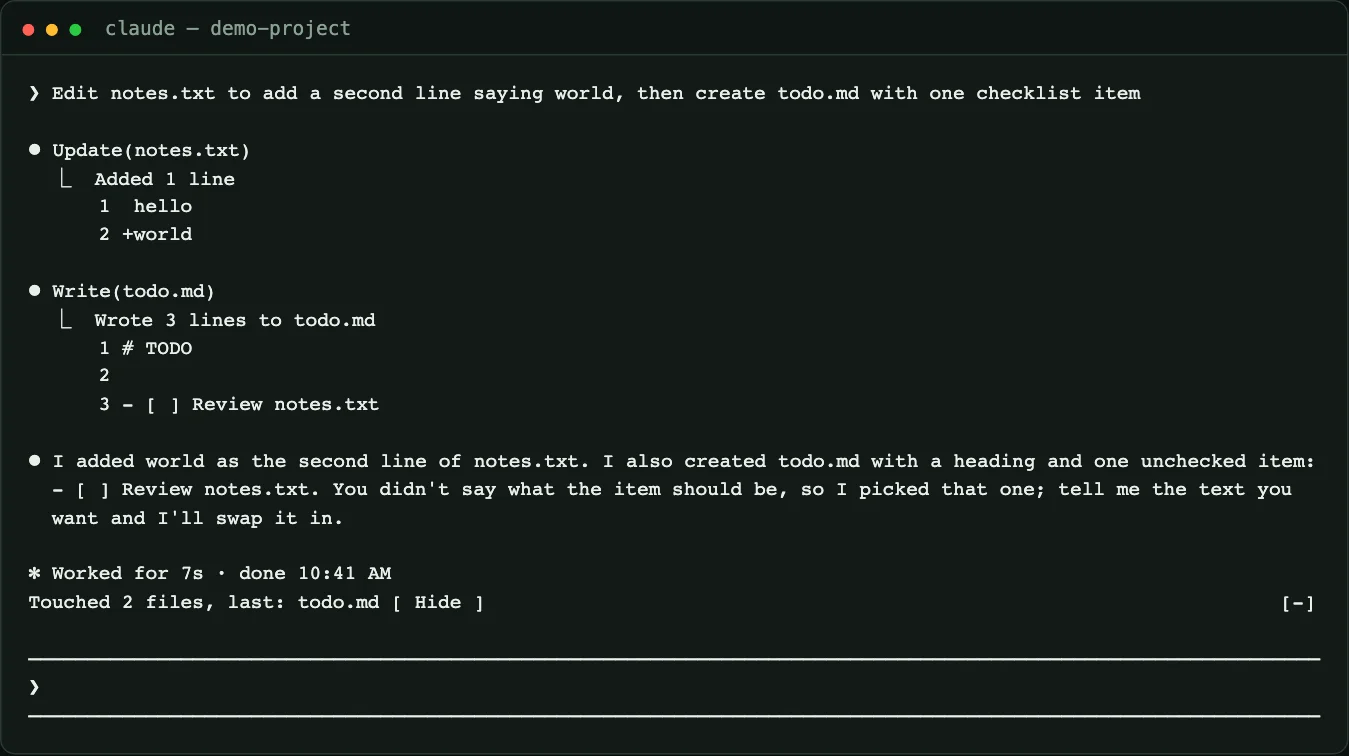 Claude Code transcript showing Update notes.txt and Write todo.md, with the band now reading Touched 2 files, last: todo.md