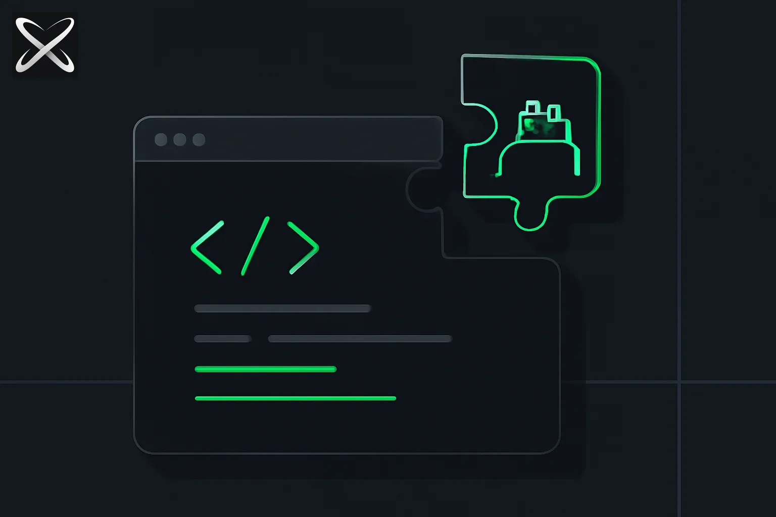 Claude Code VS Code extension diagram showing a robot-shaped puzzle piece sliding into an editor window notch
