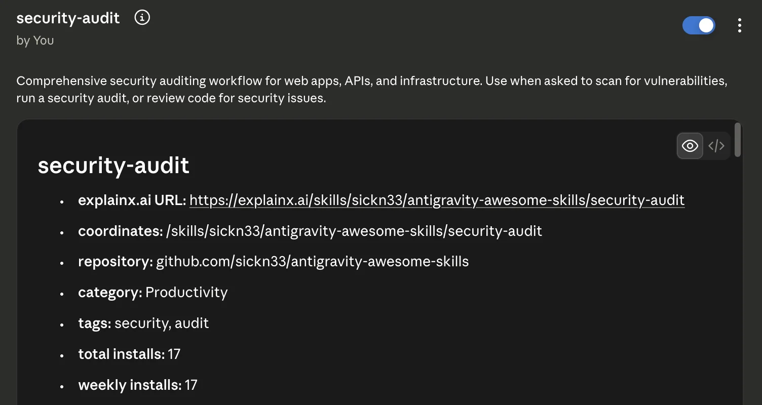 The created security-audit skill detail view in Claude showing it enabled, with explainx.ai URL, repository, category, tags, and install counts