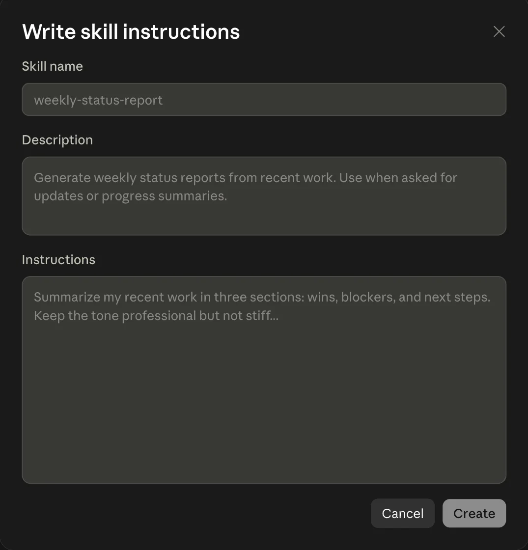 The Write skill instructions dialog in Claude showing empty Skill name, Description, and Instructions fields with placeholder examples