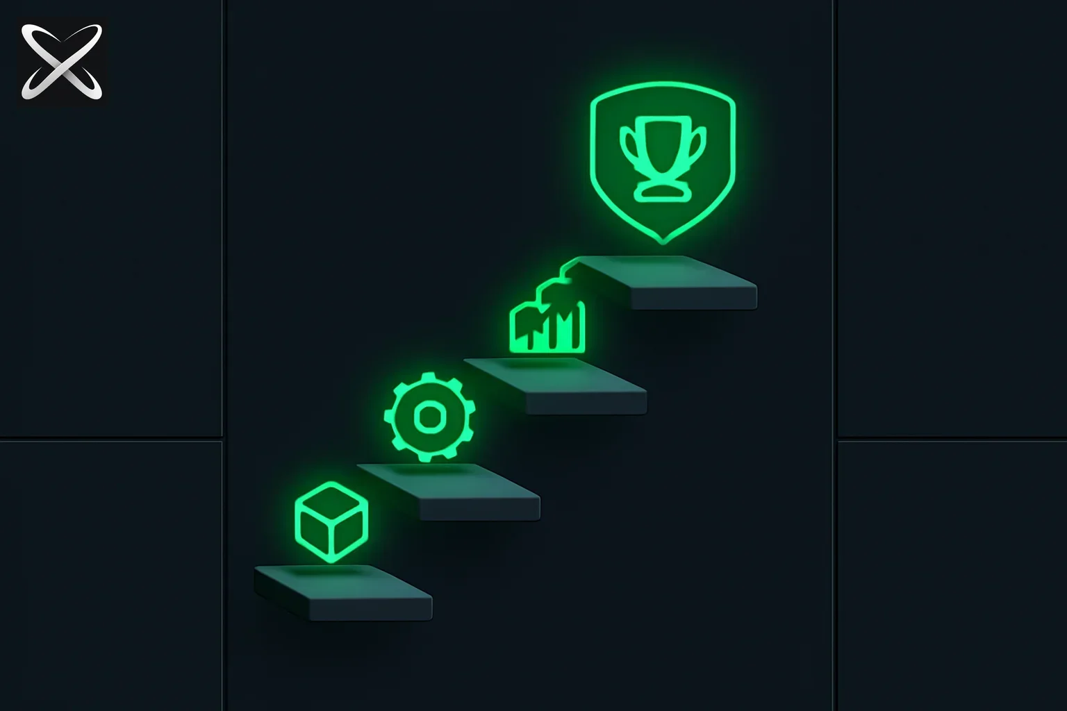 AI Builder Bootcamp guide — an ascending staircase of project icons leading up to a glowing capstone badge