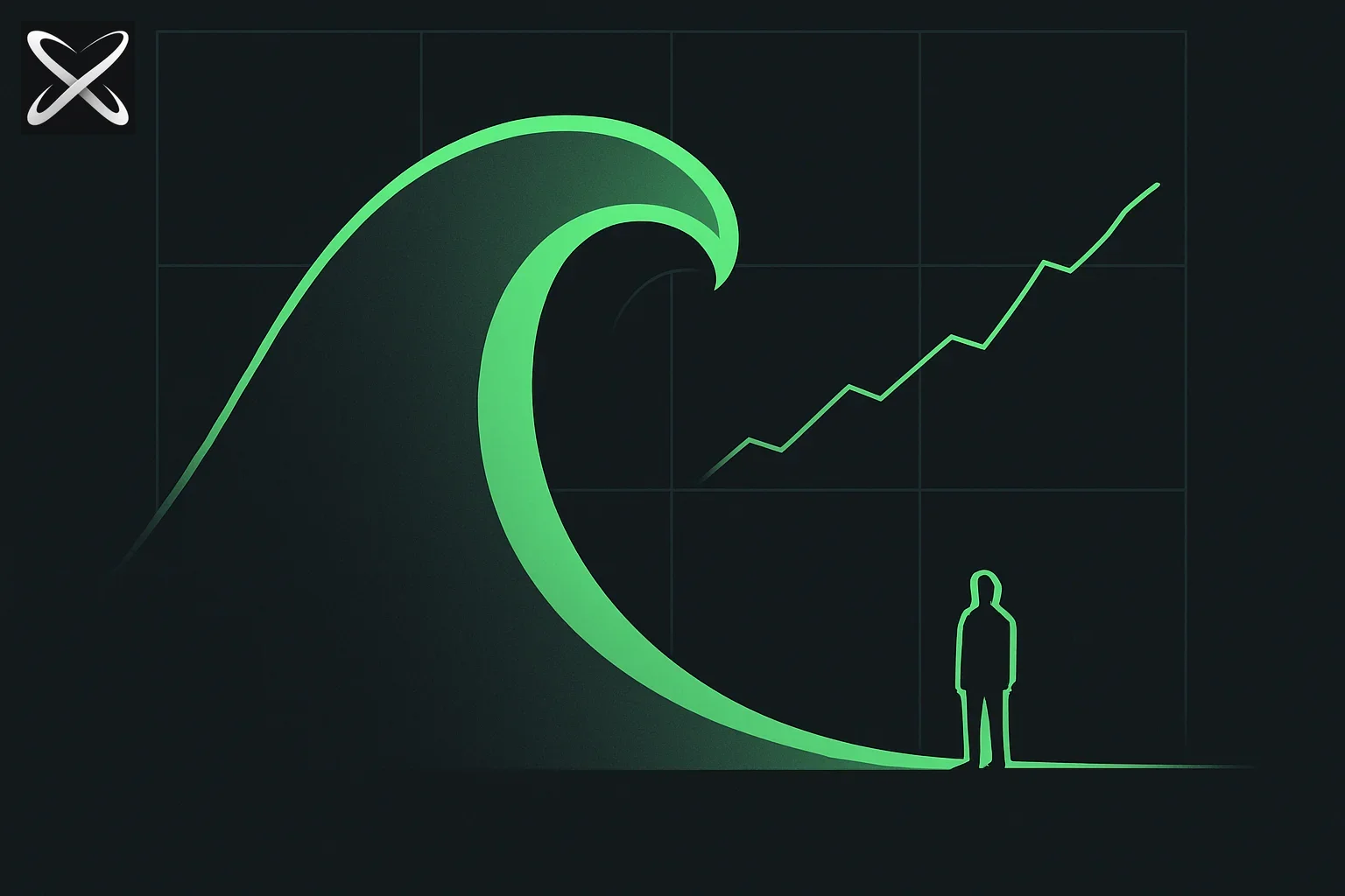 Rising wave cresting over a human figure, symbolizing predictions that AI will surpass combined human intelligence