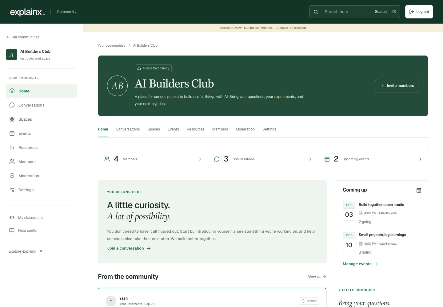 The explainx.ai instructor community workspace in a sample preview, with community navigation, conversations, member counts, and upcoming events