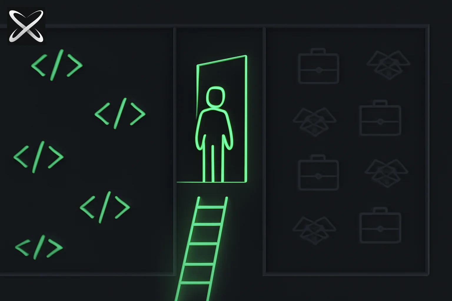 Forward Deployed Engineer preparation guide — a figure climbing rungs toward a doorway between code shapes and business icons