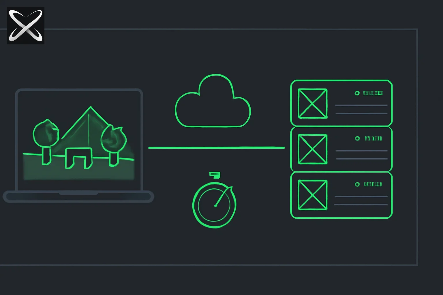 GeForce Now cloud gaming diagram: a thin laptop streaming a rendered game scene from a distant GPU server rack