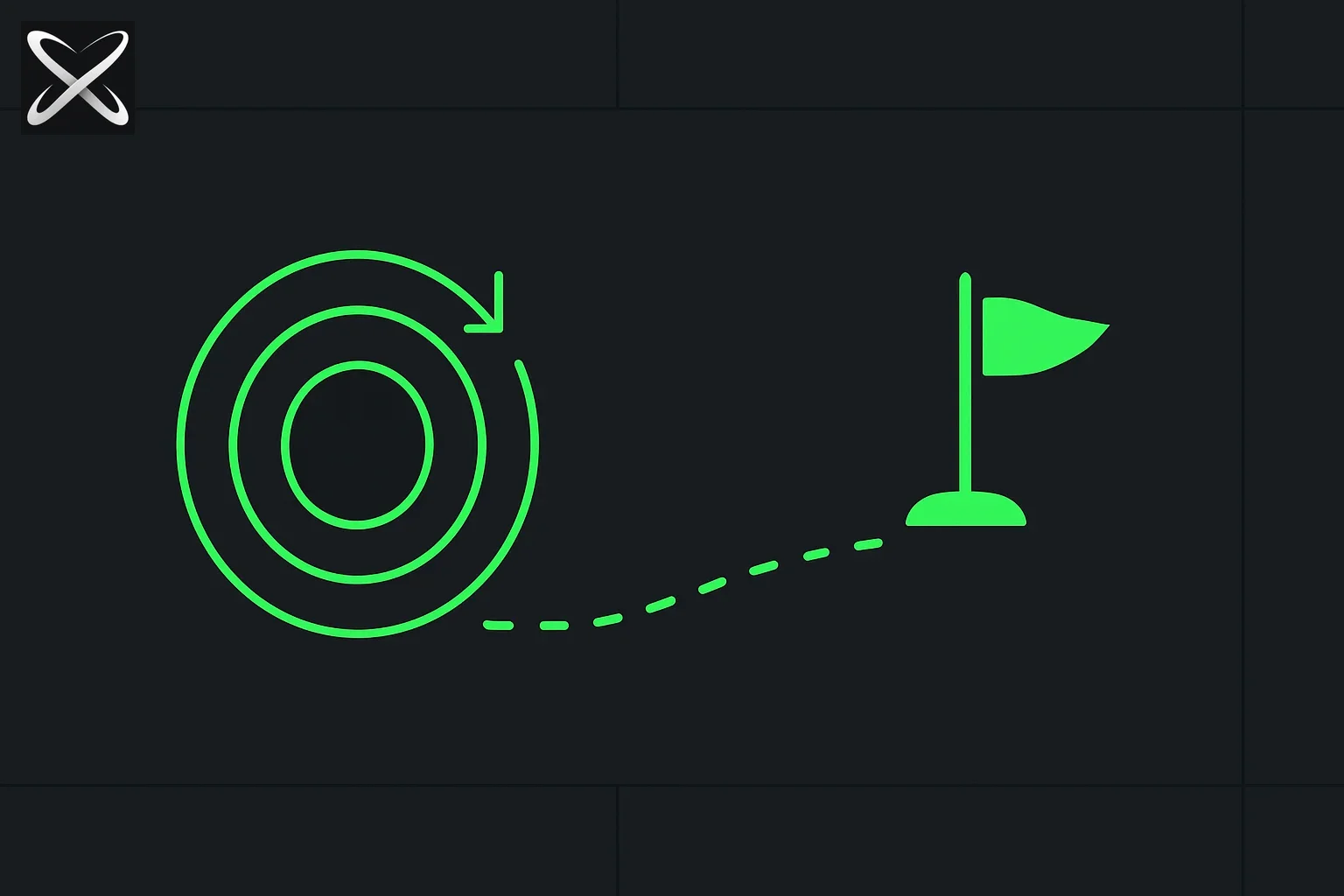 Goal mode for AI agents explained — an unattended looping arrow path advancing toward a distant flag with no hand present