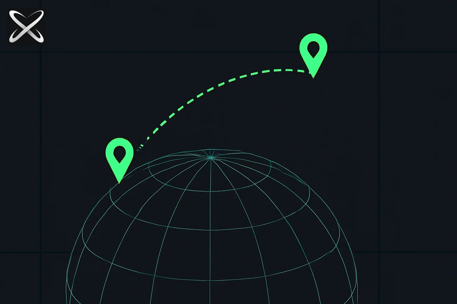 Google Earth flight simulator diagram showing a dotted flight path arcing across a wireframe globe