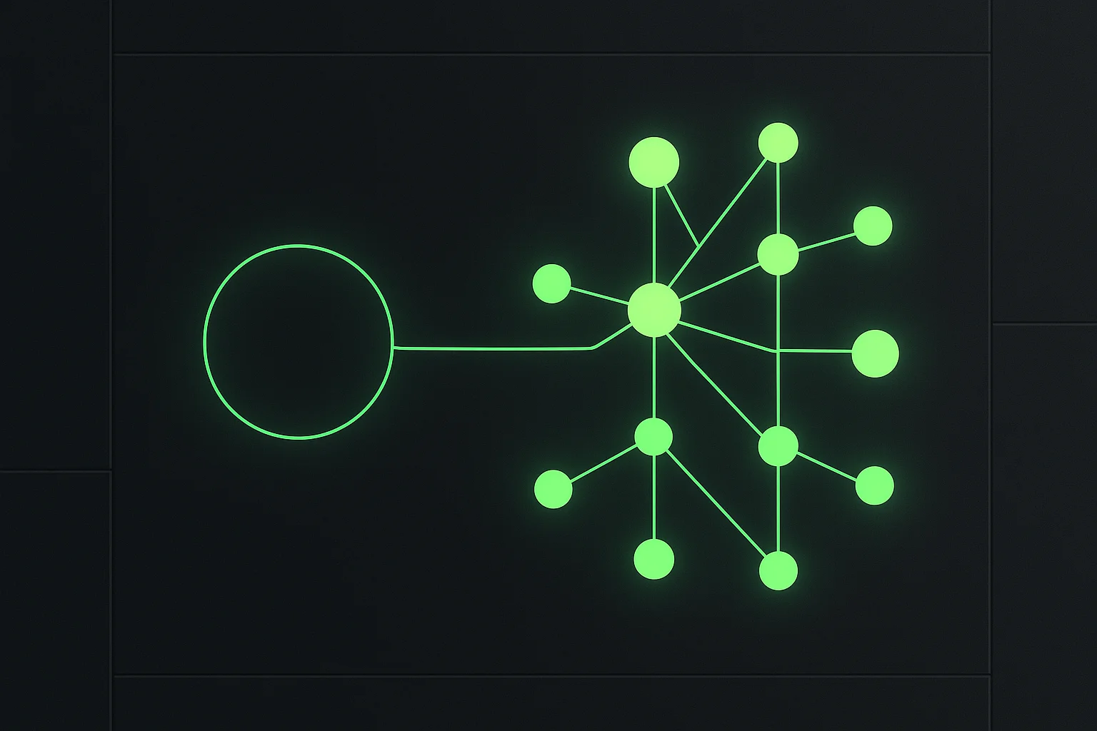 Multi-agent organization architecture — one entry point routing into a hub that fans out to a ring of specialist agent nodes