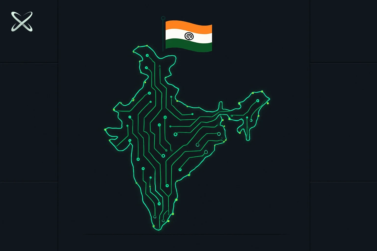 India's silhouette rendered as a glowing AI circuit network beneath a waving Indian tricolor flag with Ashoka Chakra