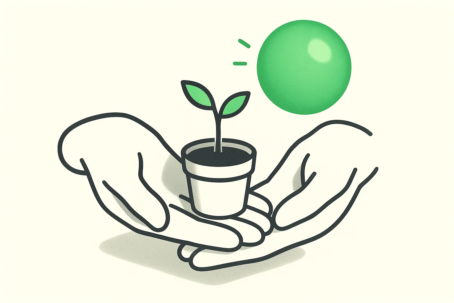 Protecting children's thinking from AI: cupped hands shielding a green sapling beneath a large glowing sphere