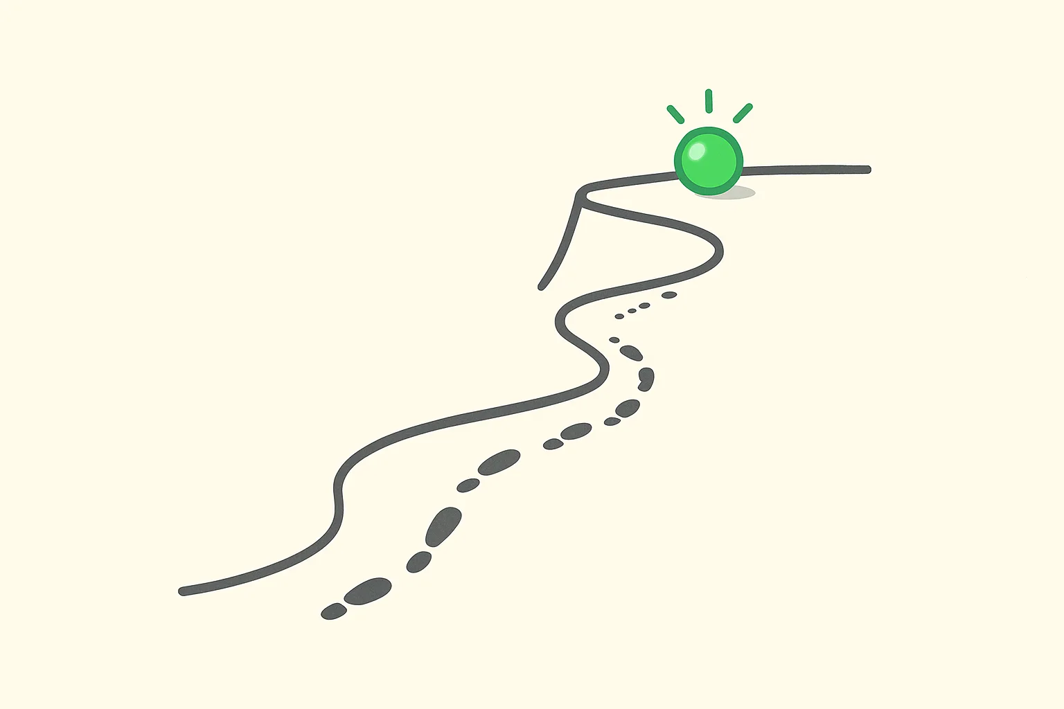 Is AI a point of no return: a winding trail of footprints leading to a glowing green orb at a cliff edge