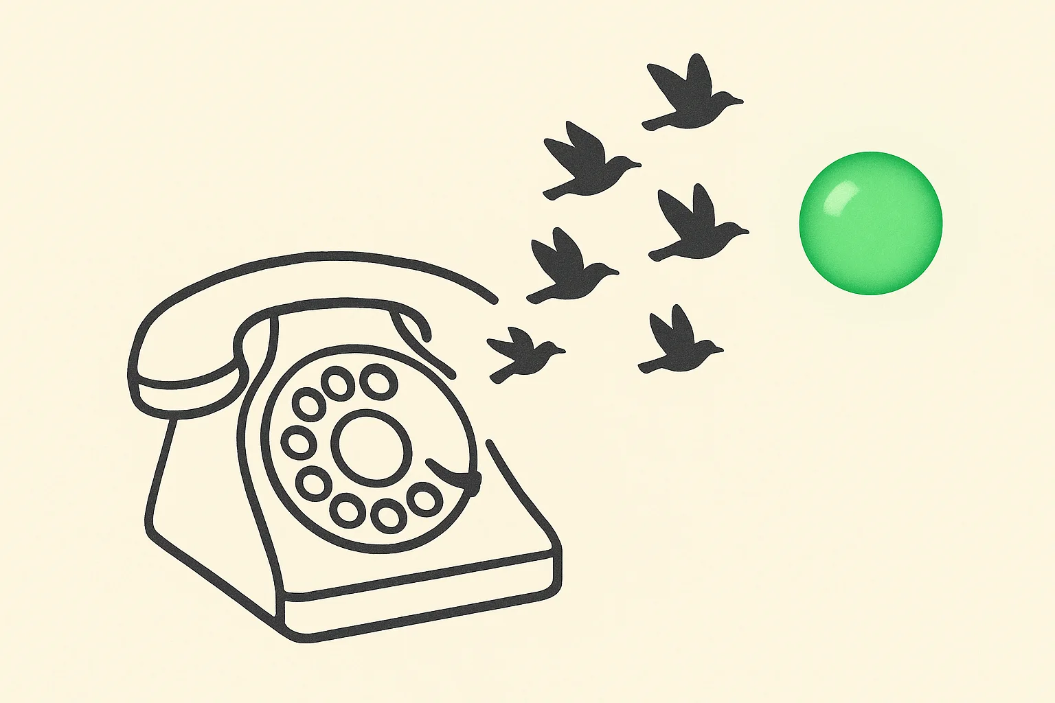 Digital amnesia and AI: a rotary phone dial whose digits turn into paper birds flying into a green sphere