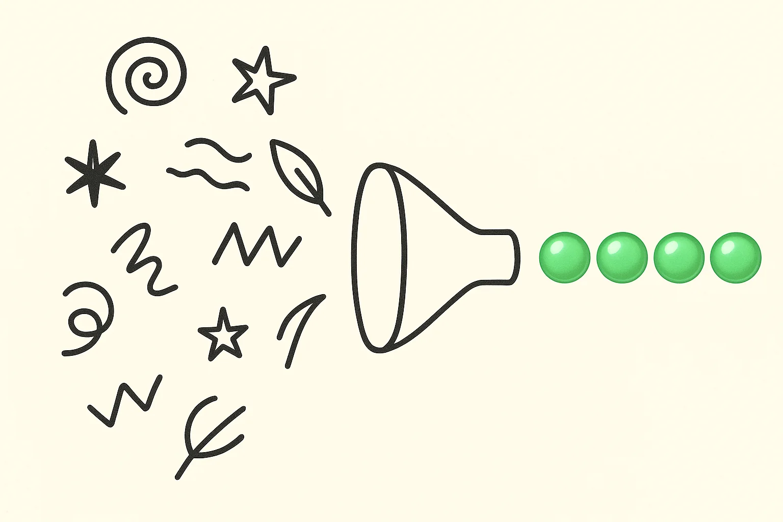 AI homogenizes creativity: varied hand-drawn shapes funneling into a row of identical green spheres