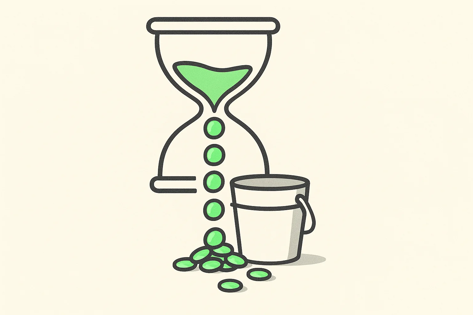 Tokenmaxxing as a disease: an hourglass pouring glowing green tokens past an empty bucket onto the floor