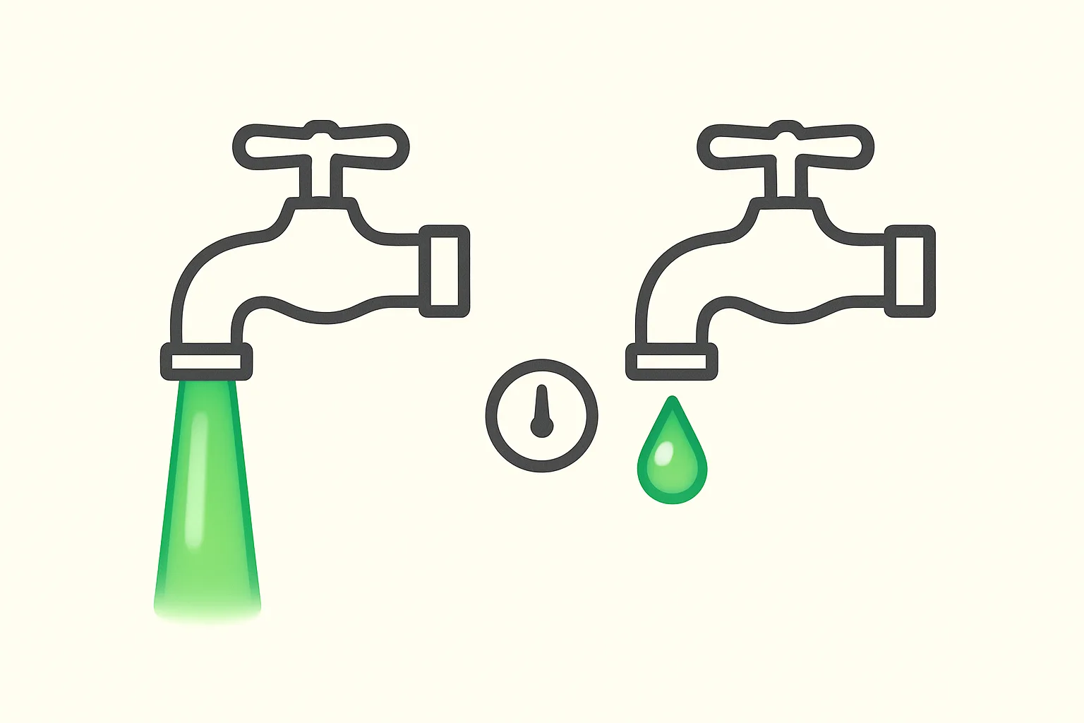 AI usage limits two faces: one tap pouring a wide green stream beside an identical tap reduced to a drip