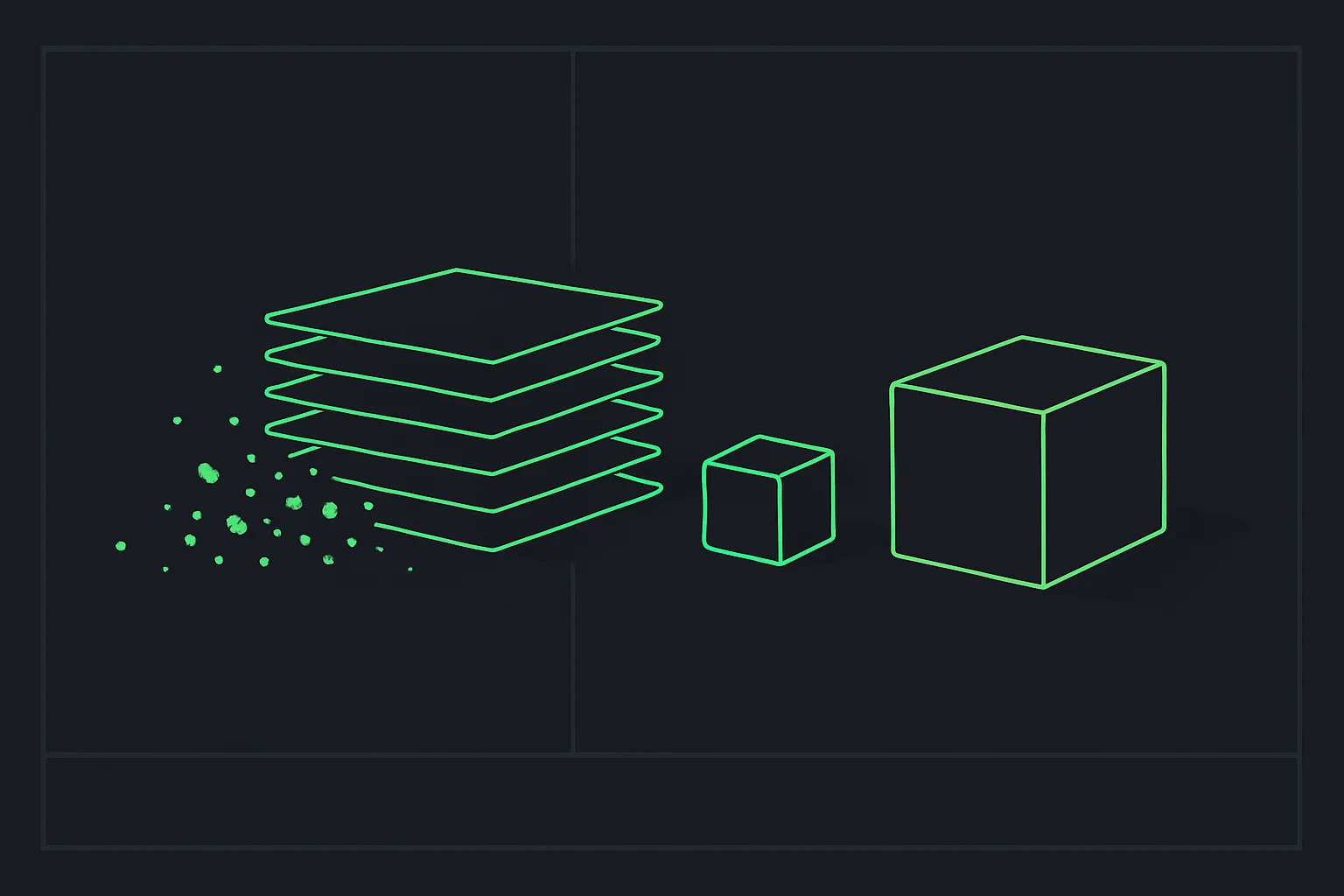 Thin interchangeable plates crumbling beside a small handmade cube while a heavy foundation block stays put, symbolizing commodity software being rebuilt internally while infrastructure remains