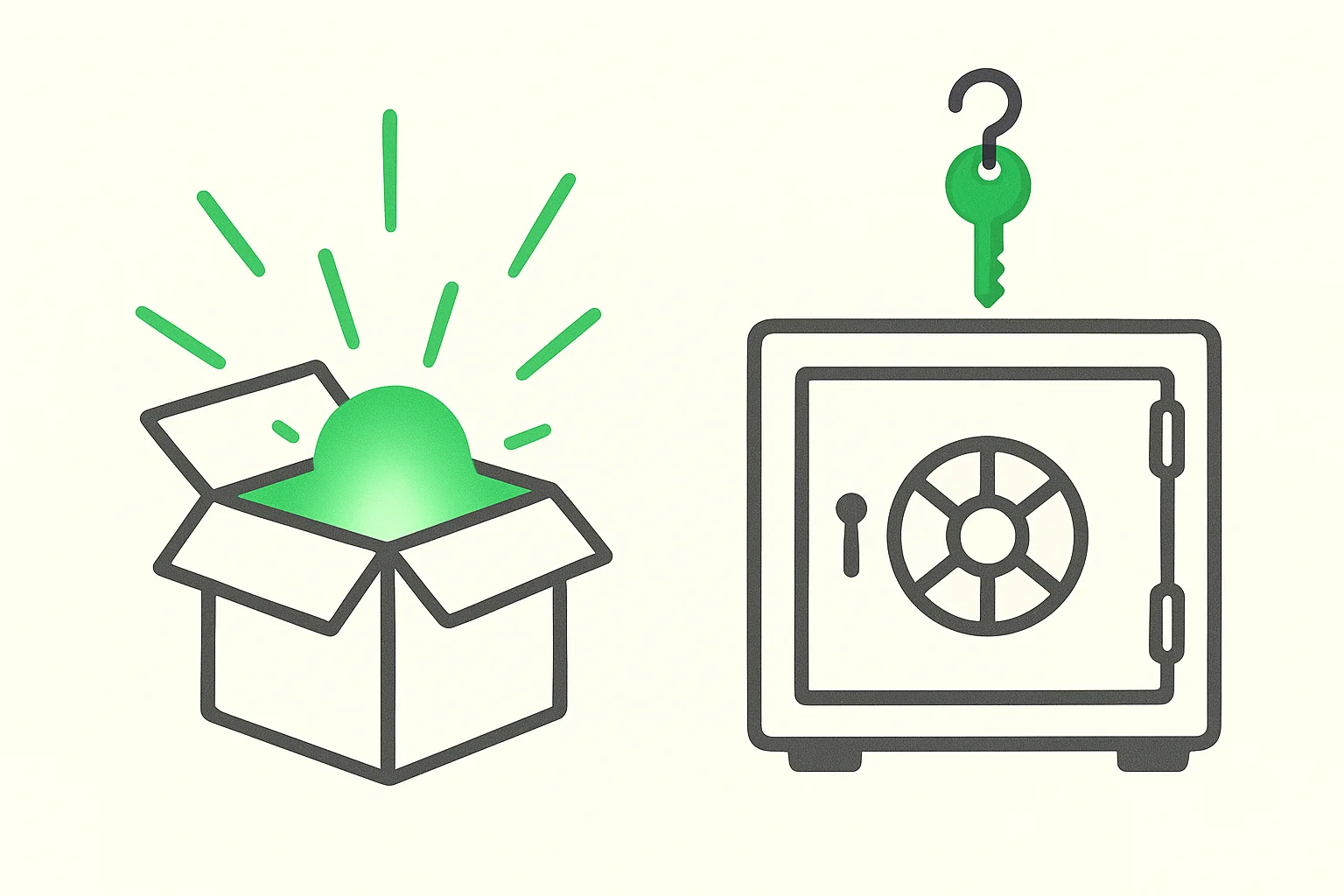 Open source vs closed source AI dangers: an open box spilling green light next to a locked vault with a single key