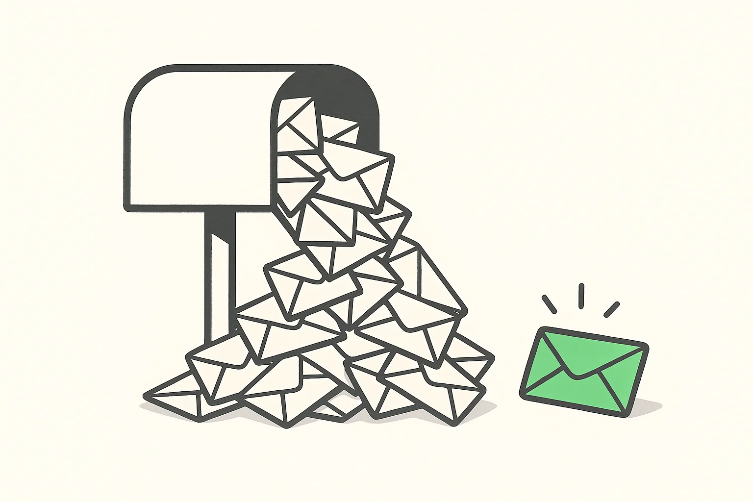 Outbound sales is dead: a mailbox overflowing with identical envelopes beside a single hand-written green envelope