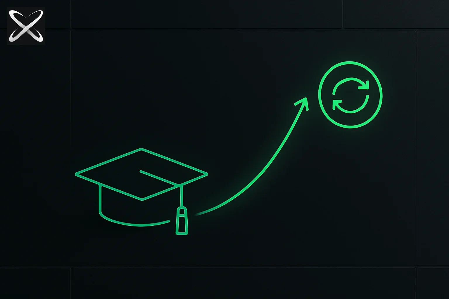 A graduation cap connected to a circular loop icon by an upward path, symbolizing a student's career path built on loop engineering skills