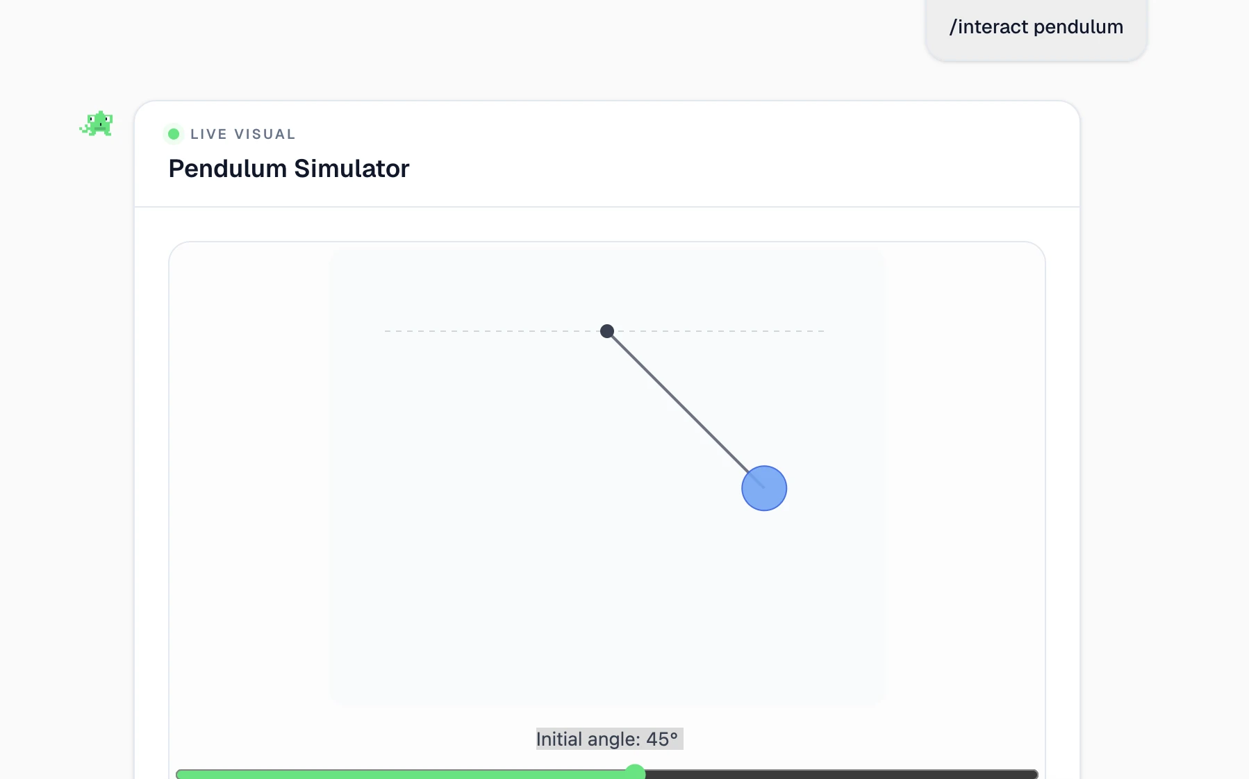 Melo's /interact pendulum simulator: a draggable interactive visual generated live for a physics question, with an angle slider