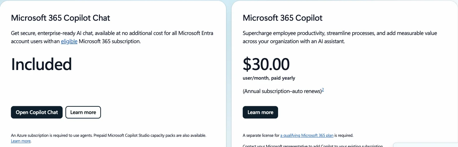 Microsoft 365 Copilot enterprise pricing page showing Copilot Chat as included and Microsoft 365 Copilot at $30.00 per user per month