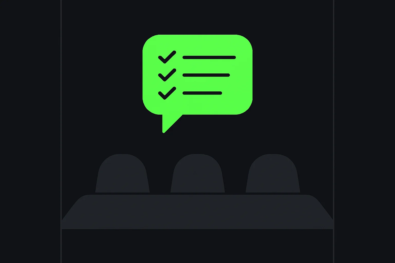 Speech-bubble checklist above empty meeting-room chairs, symbolizing Copilot in Teams turning a meeting into a recap and action items after everyone leaves