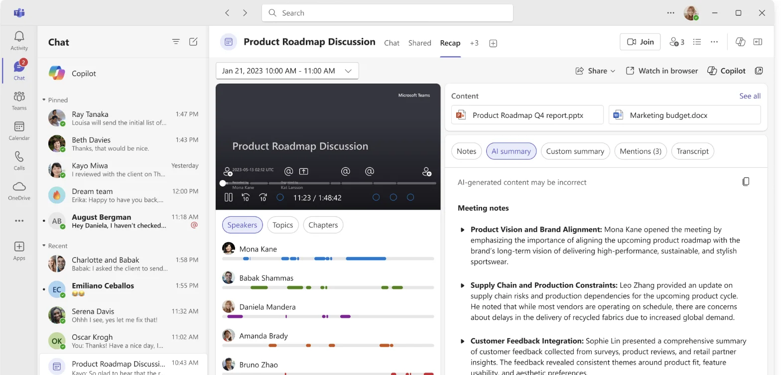 Microsoft Teams Recap tab showing meeting recording, speaker timeline, and AI-generated meeting notes panel