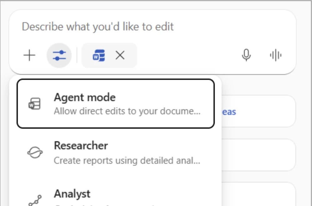 Microsoft Copilot in Word mode selector showing Agent mode, Researcher, and Analyst options in the prompt pane