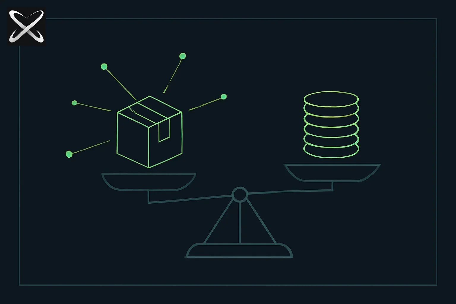 Monetizing AI agent skills — packaged skill cube balanced against coins with distribution lines radiating outward