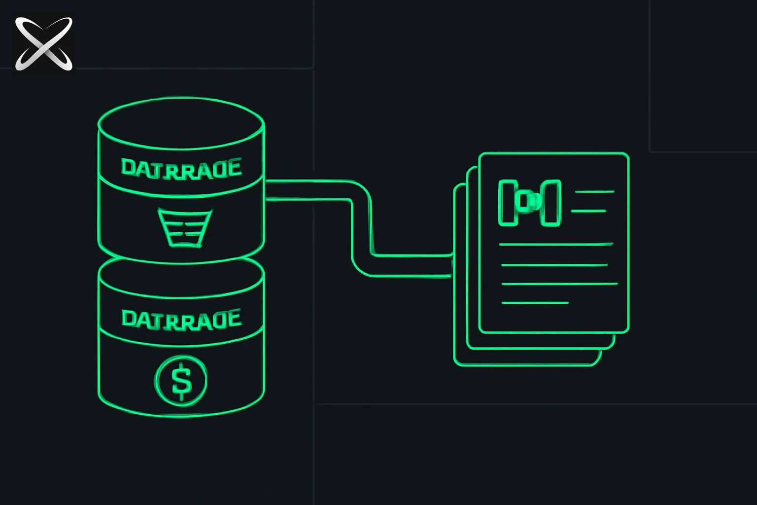 OKF sample bundles diagram: GA4 ecommerce and Bitcoin blockchain data cylinders feeding into linked markdown concept cards