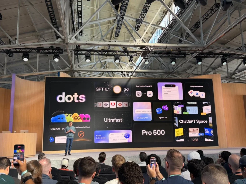 Sam Altman on the DevDay 2026 Fort Mason stage in front of a grid of launches: Dots, GPT-6.1 Sol, Ultrafast, Pro 500, Sign in with ChatGPT, Decisions API, Agents API, ChatGPT Space, plugin extensions, and Codex in the cloud