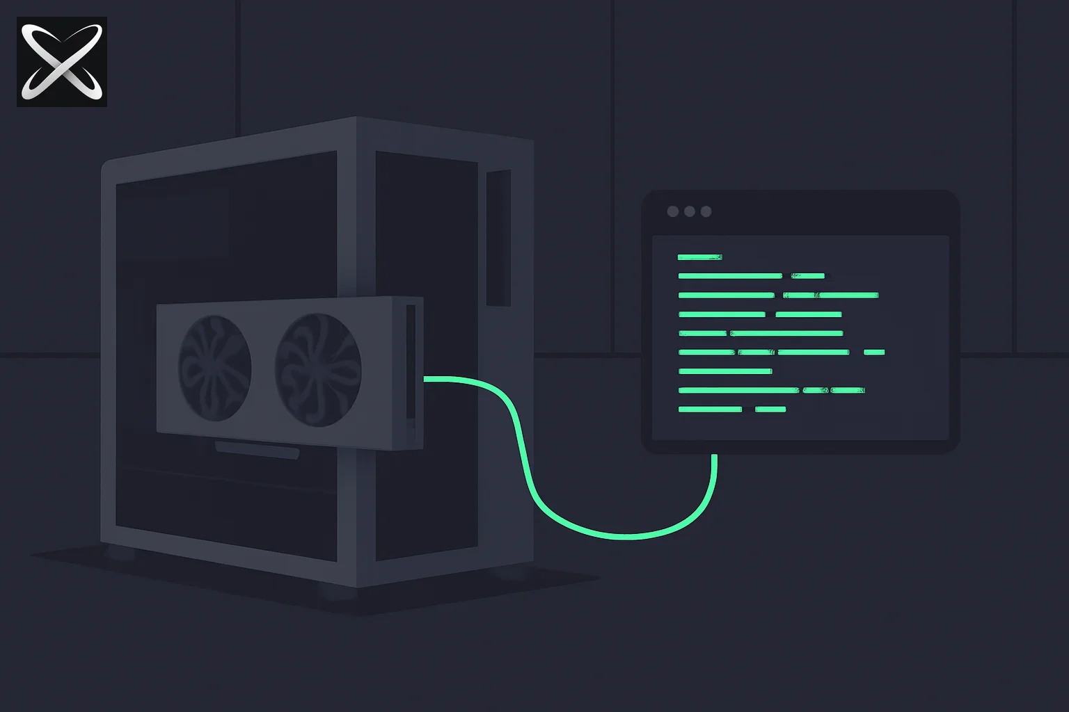 Running SOTA LLMs locally on a high-end GPU rig — an open-panel tower PC cabled directly to a terminal window