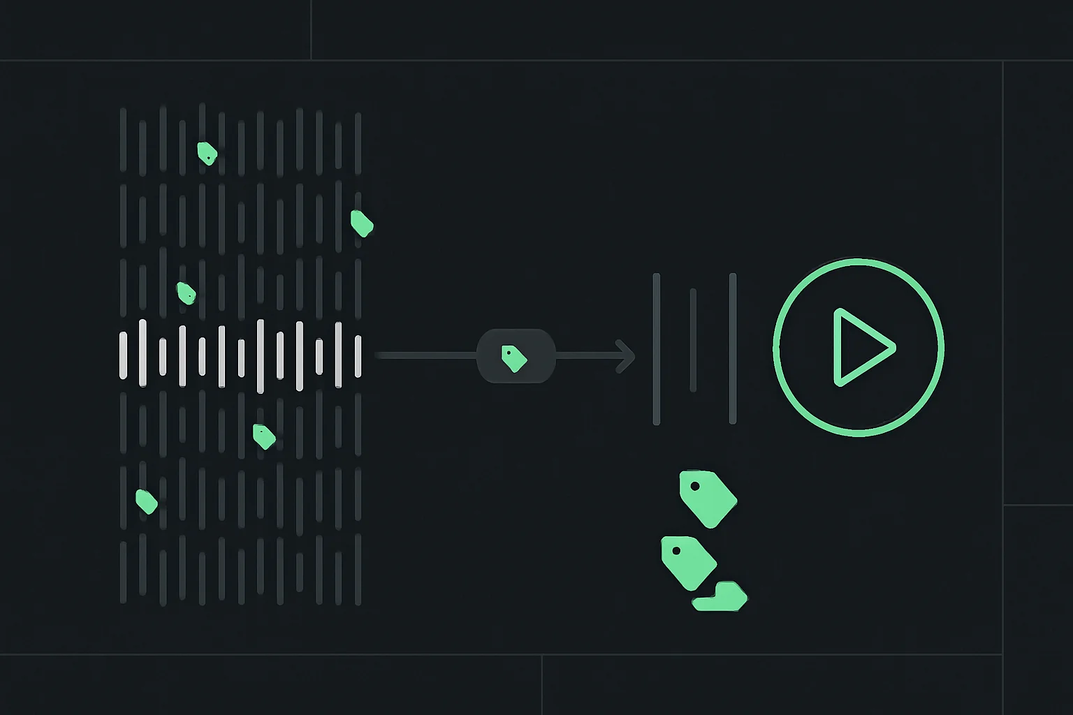 Diagram showing labelled AI-generated music tracks stopped at a recommendation gate while unlabelled tracks continue to listeners