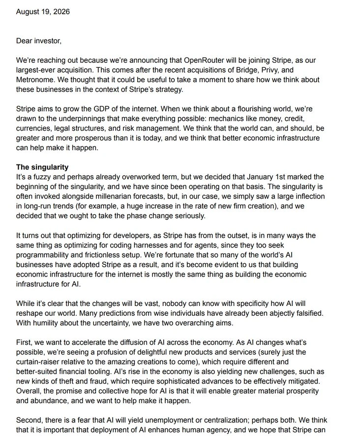 Page 1 of Stripe's August 19, 2026 investor letter announcing OpenRouter as its largest-ever acquisition