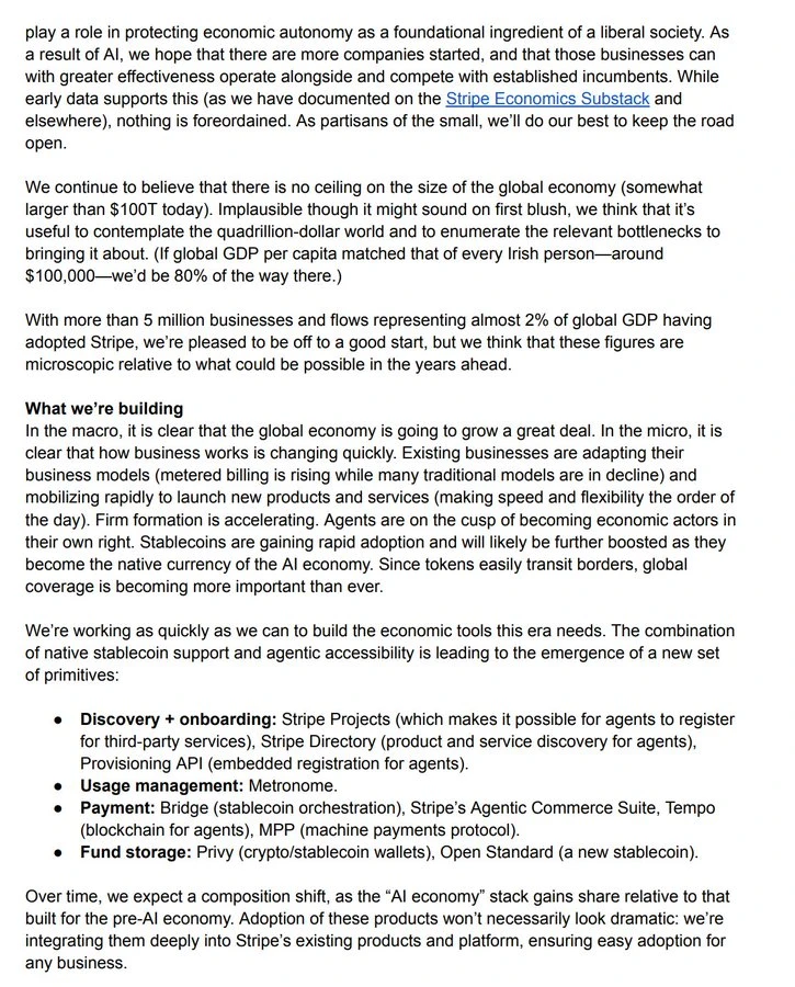Page 2 of the same letter, on Stripe's AI-economy product stack