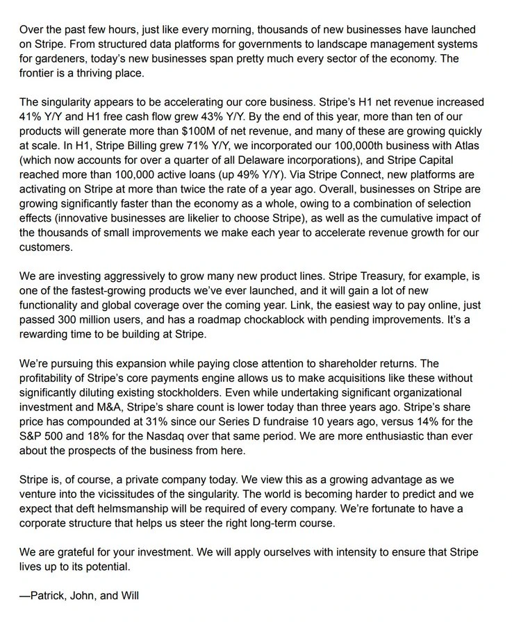 Page 4 of the letter, Stripe H1 2026 business metrics