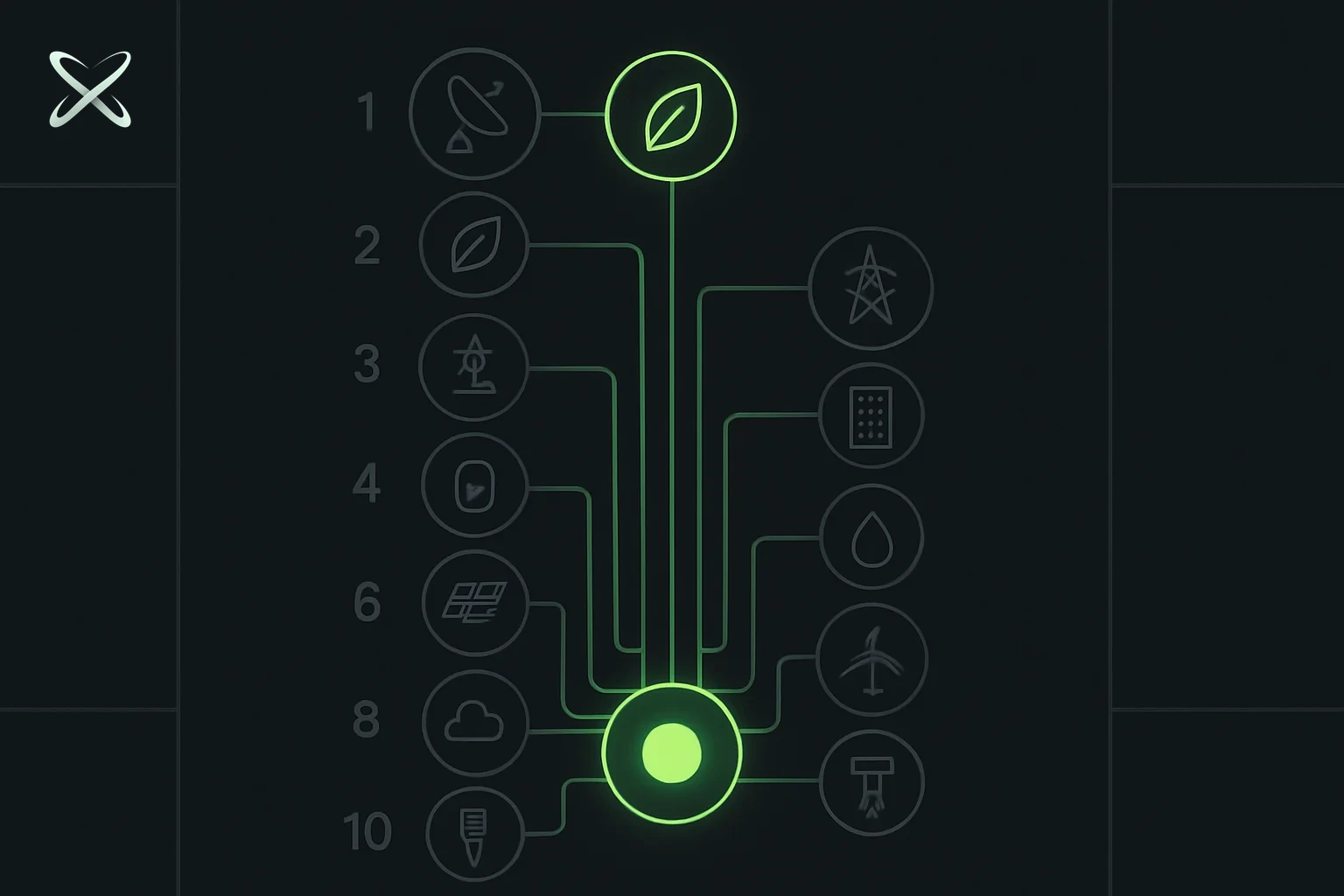 Ranked list of ten climate-tech company icons connected to a central AI model node, representing AI-driven climate startups