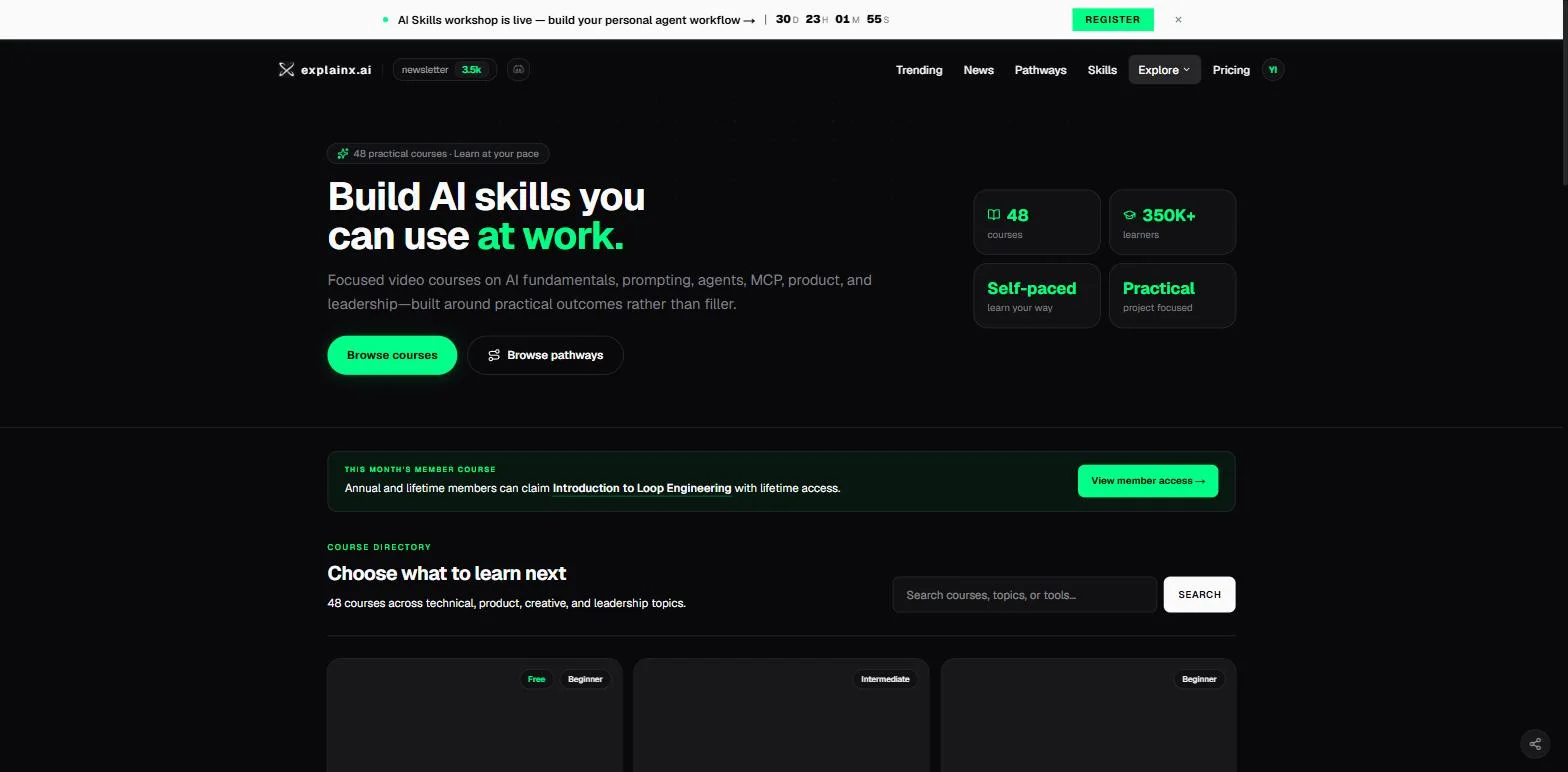 explainx.ai courses catalog highlighting Introduction to Loop Engineering as the month's member course