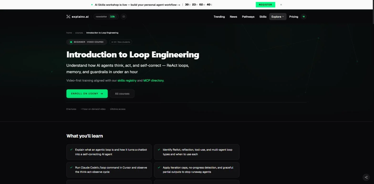 Introduction to Loop Engineering course page on explainx.ai — beginner video course, 8 lectures, enroll on Udemy CTA