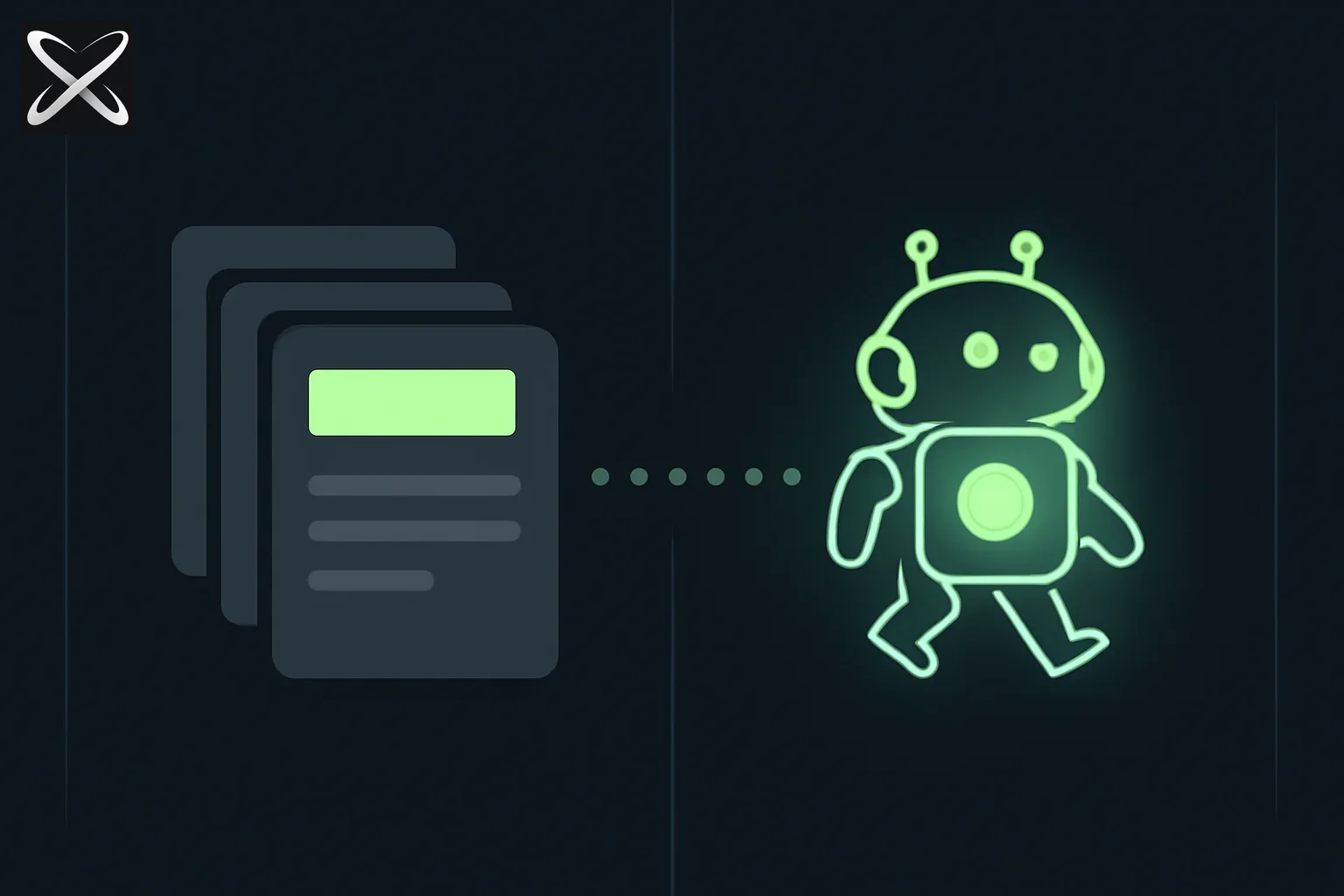 Top AI prompts for AI agents diagram: template cards feeding a small robot agent that lights up and walks forward