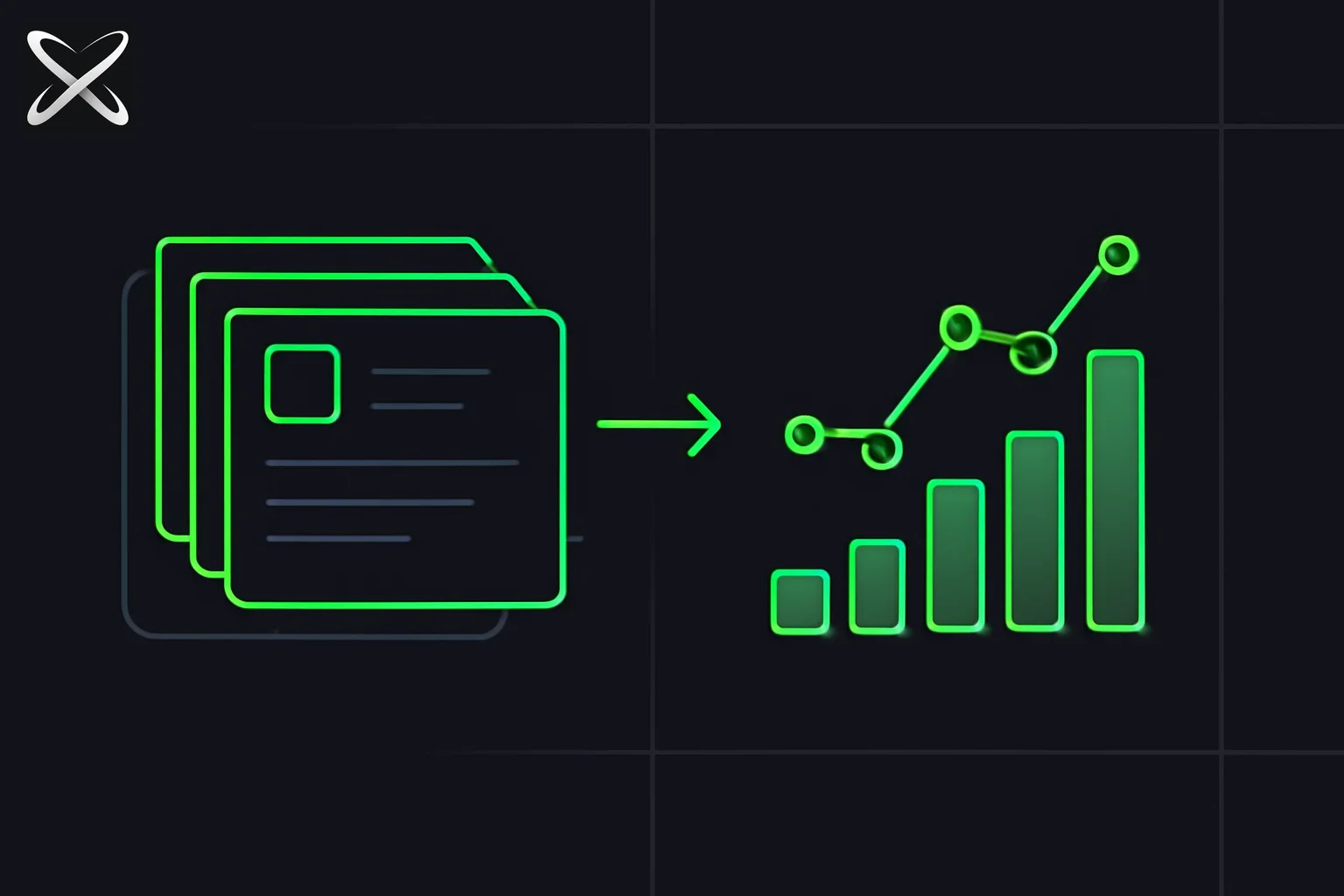 Top AI prompts for data analysis diagram: template cards feeding a bar-and-line chart that assembles itself