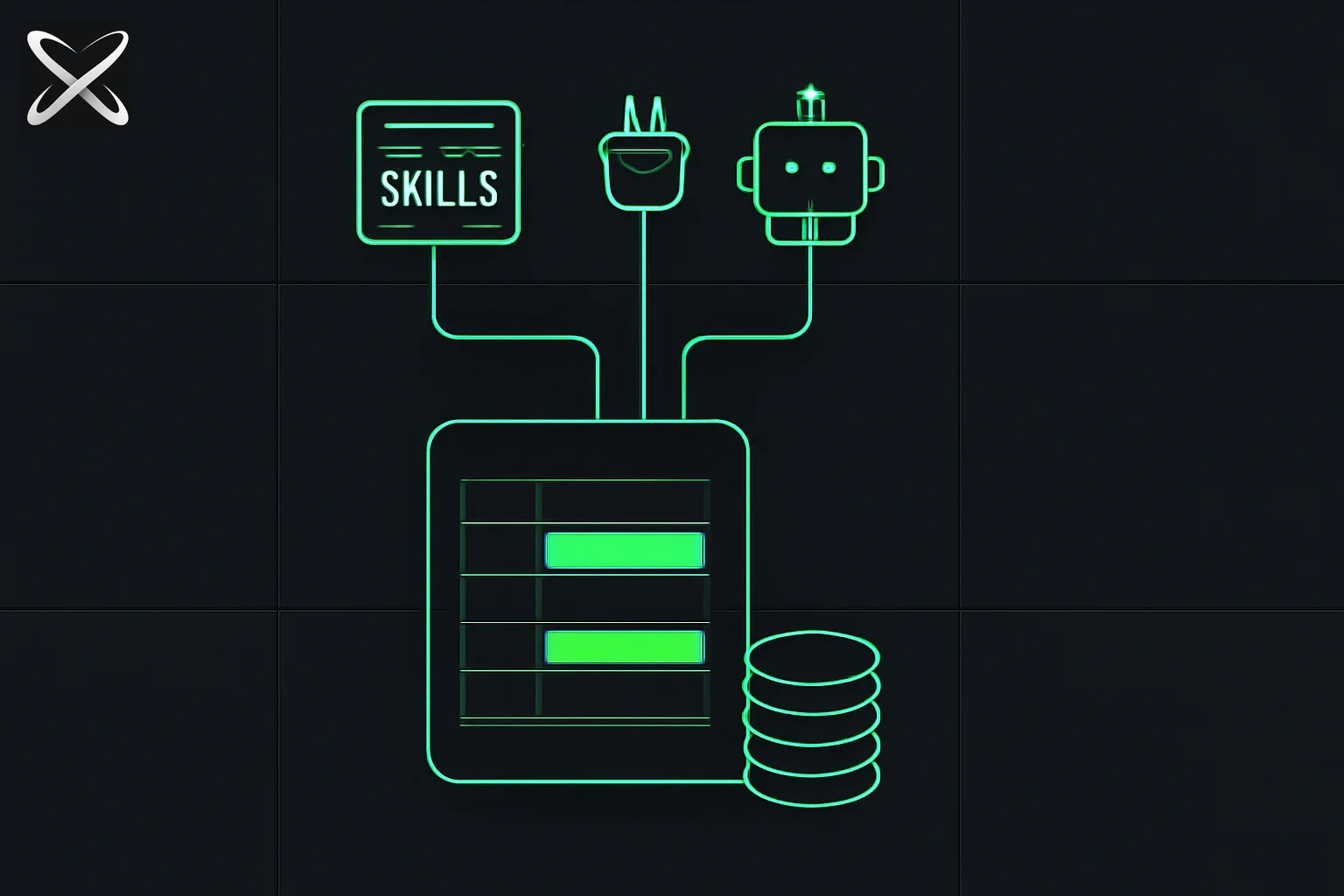 Top AI tools for finance diagram: a glowing ledger spreadsheet connected to a cluster of skill, MCP, agent, and model icons