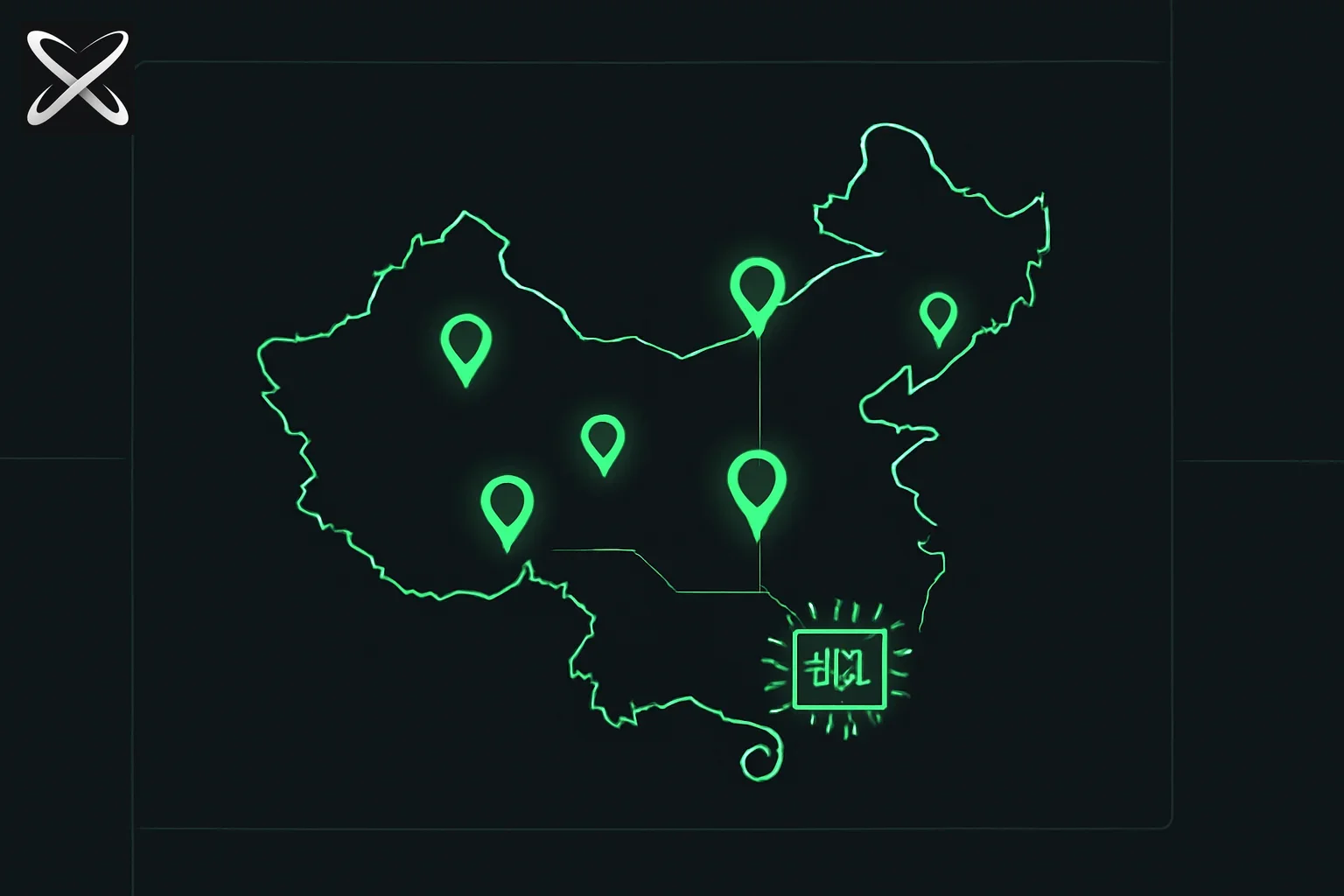 Top Chinese AI companies diagram: a China map silhouette with glowing company marker pins connected to model-chip icons