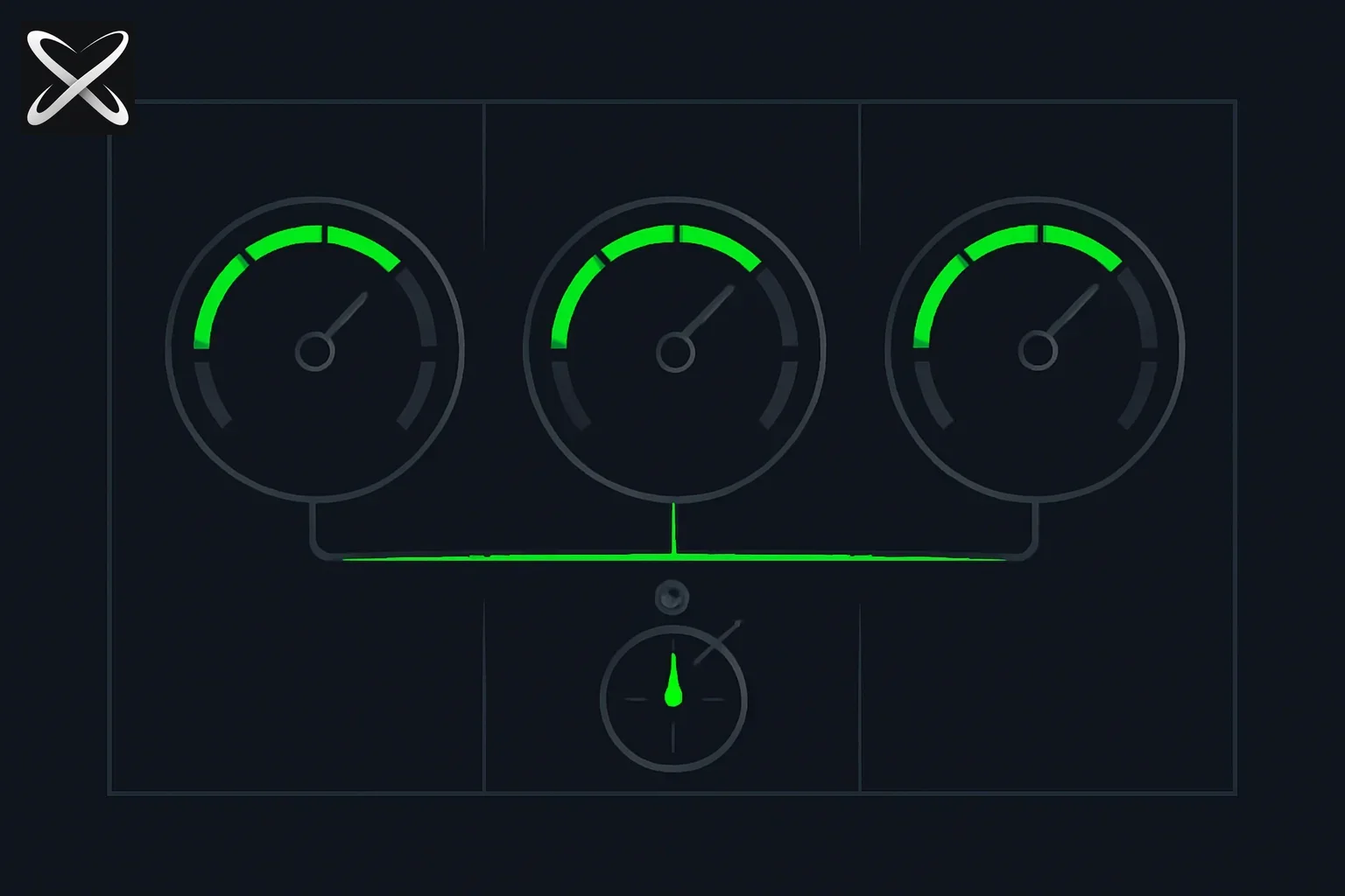 Core Web Vitals 2026 guide — three speedometer gauges for LCP, INP, and CLS pointing into the green zone