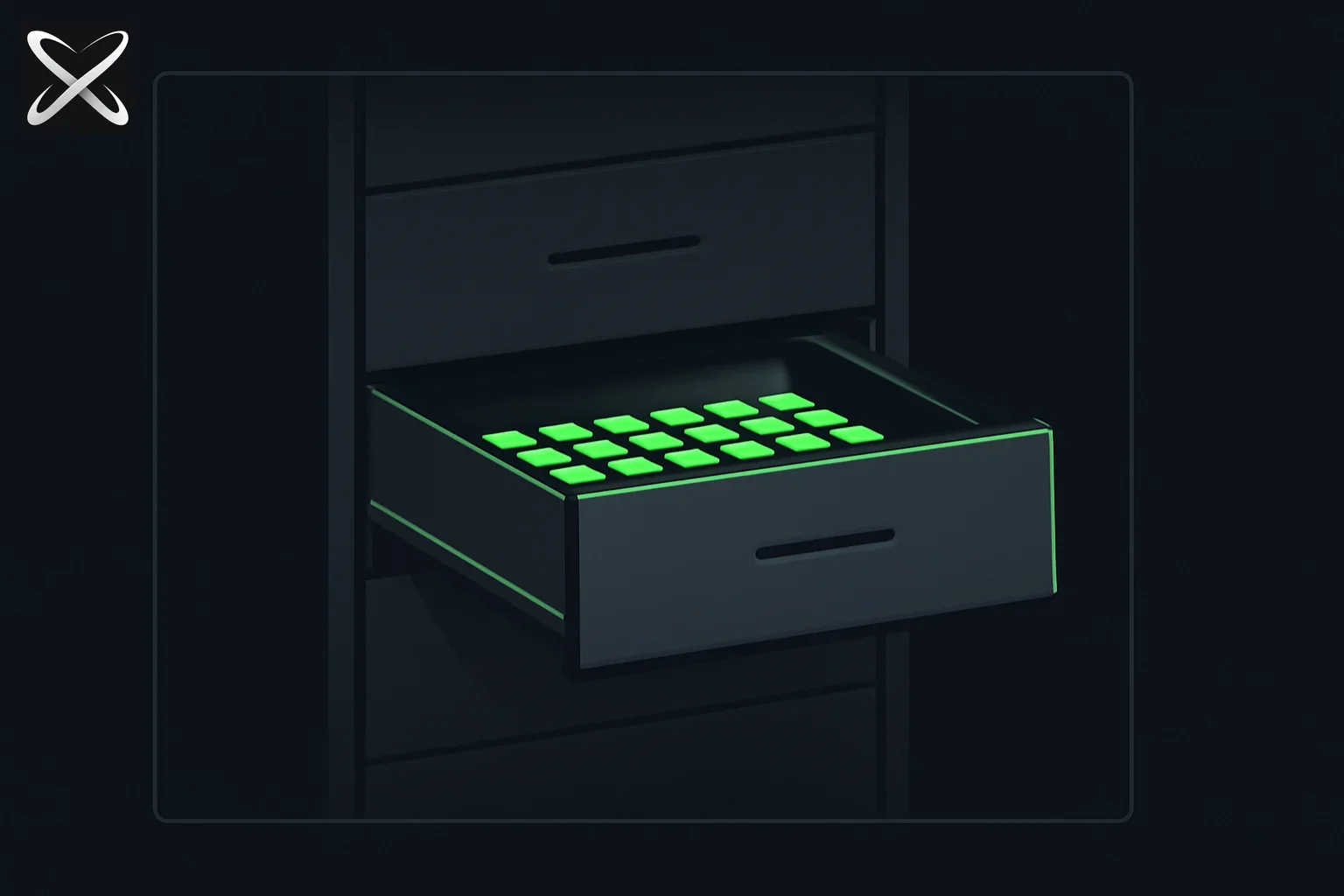 Database explainer diagram showing one drawer sliding open to reveal rows of stored data blocks