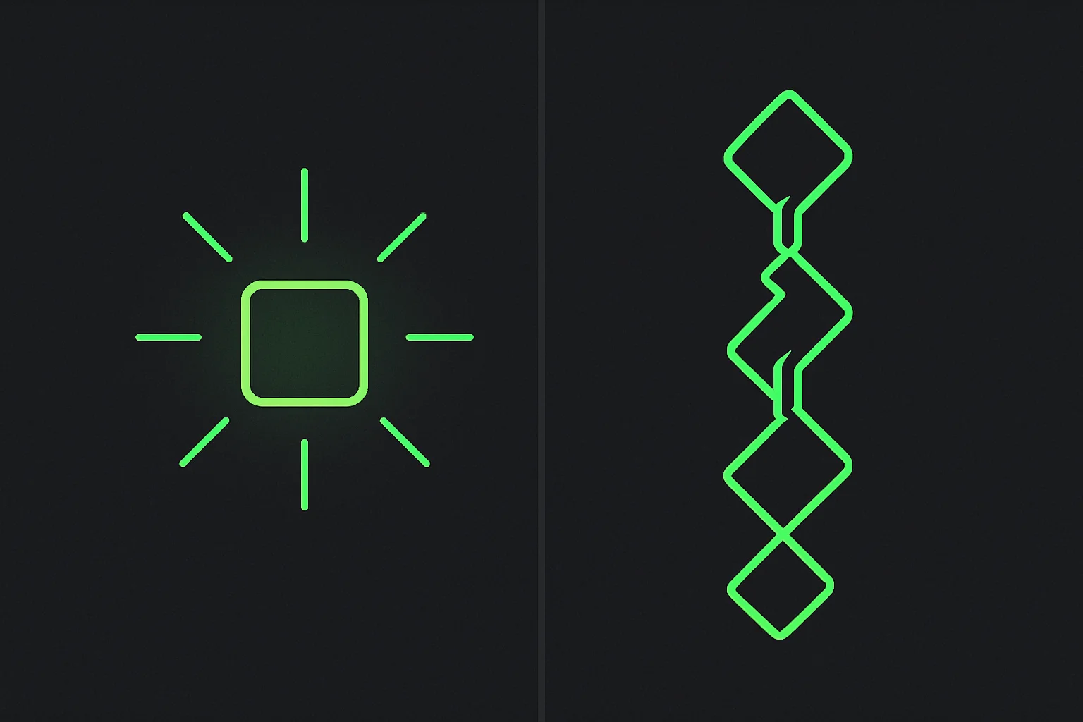 A single boxed decision beside a chain of linked steps, the split between Julia 1's one-shot choice and token-by-token text